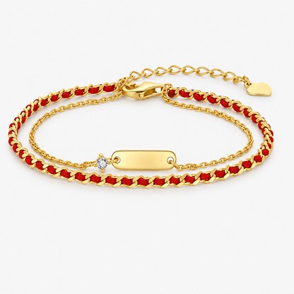 Women's Red Cord and Gold-Tone Double-Layer Bracelet with Always Message Bar and Adjustable Extender