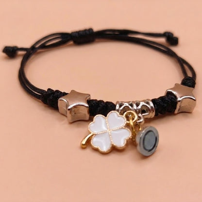 Magnetic Couples Bracelets Matching Four Leaf Clover Friendship Bracelets Mutual Attraction Braided Rope Cord Bracelet Set for Boyfriend Girlfriend Long Distance Relationship Jewelry Gift Black White 2Pcs