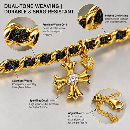Black Cord and Gold-Tone Cross Charm Bracelet with Adjustable Extender