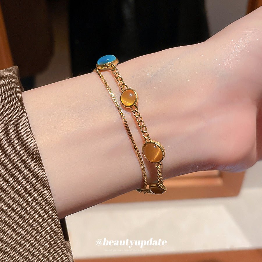 18k electroplated cat's eye stone double - layer bracelet – retro royal style, luxury design for women - star8s