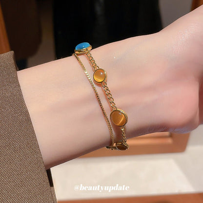 18K Electroplated Cat's Eye Stone Double - Layer Bracelet – Retro Royal Style, Luxury Design for Women - STAR8S