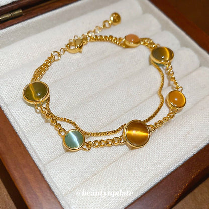 18K Electroplated Cat's Eye Stone Double - Layer Bracelet – Retro Royal Style, Luxury Design for Women - STAR8S
