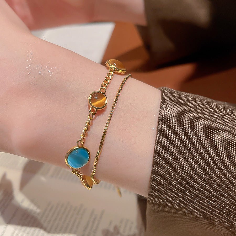 18k electroplated cat's eye stone double - layer bracelet – retro royal style, luxury design for women - star8s