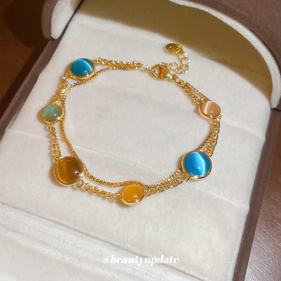 18K Electroplated Cat's Eye Stone Double - Layer Bracelet – Retro Royal Style, Luxury Design for Women - STAR8S