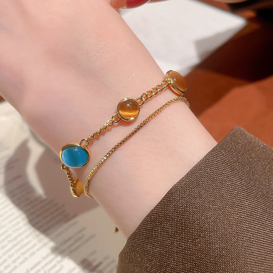 18k electroplated cat's eye stone double - layer bracelet – retro royal style, luxury design for women - star8s