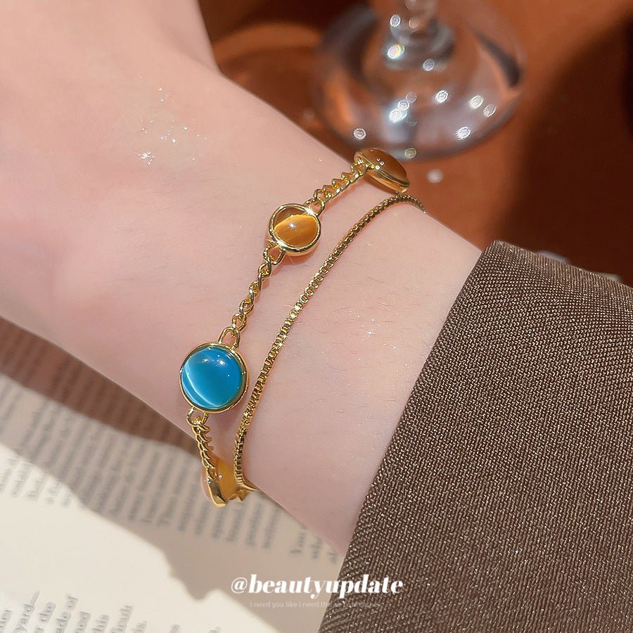 18k electroplated cat's eye stone double - layer bracelet – retro royal style, luxury design for women - star8s