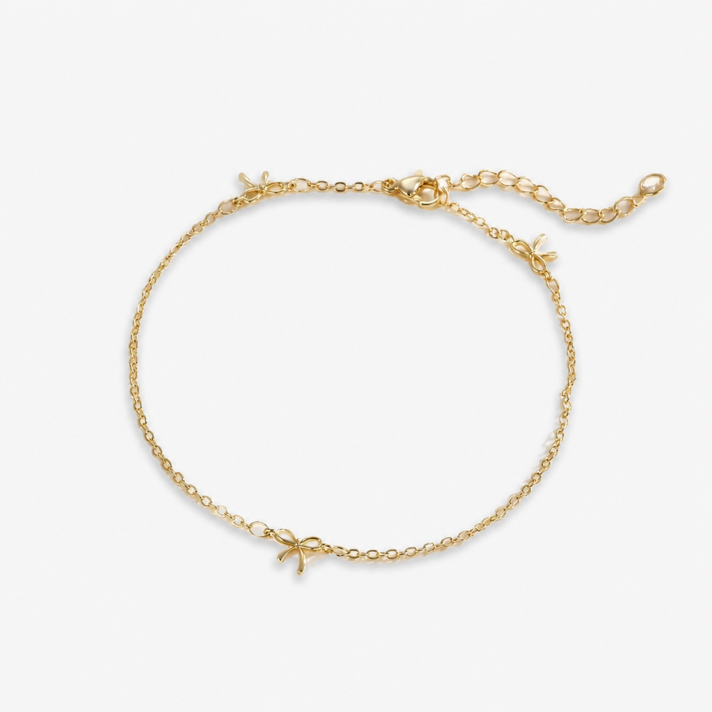 gold-plated brass bow anklet for women, dainty adjustable charm ankle bracelet, coquette summer beach foot jewelry