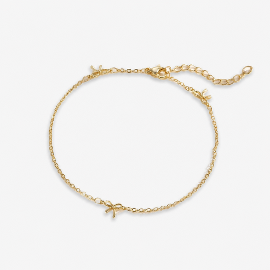 Gold-Plated Brass Bow Anklet for Women, Dainty Adjustable Charm Ankle Bracelet, Coquette Summer Beach Foot Jewelry