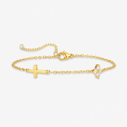 Gold-Tone Cross and Clover Bracelet for Women, Electroplated Brass Adjustable Chain with Clear Stone Accents, Dainty Everyday Jewelry