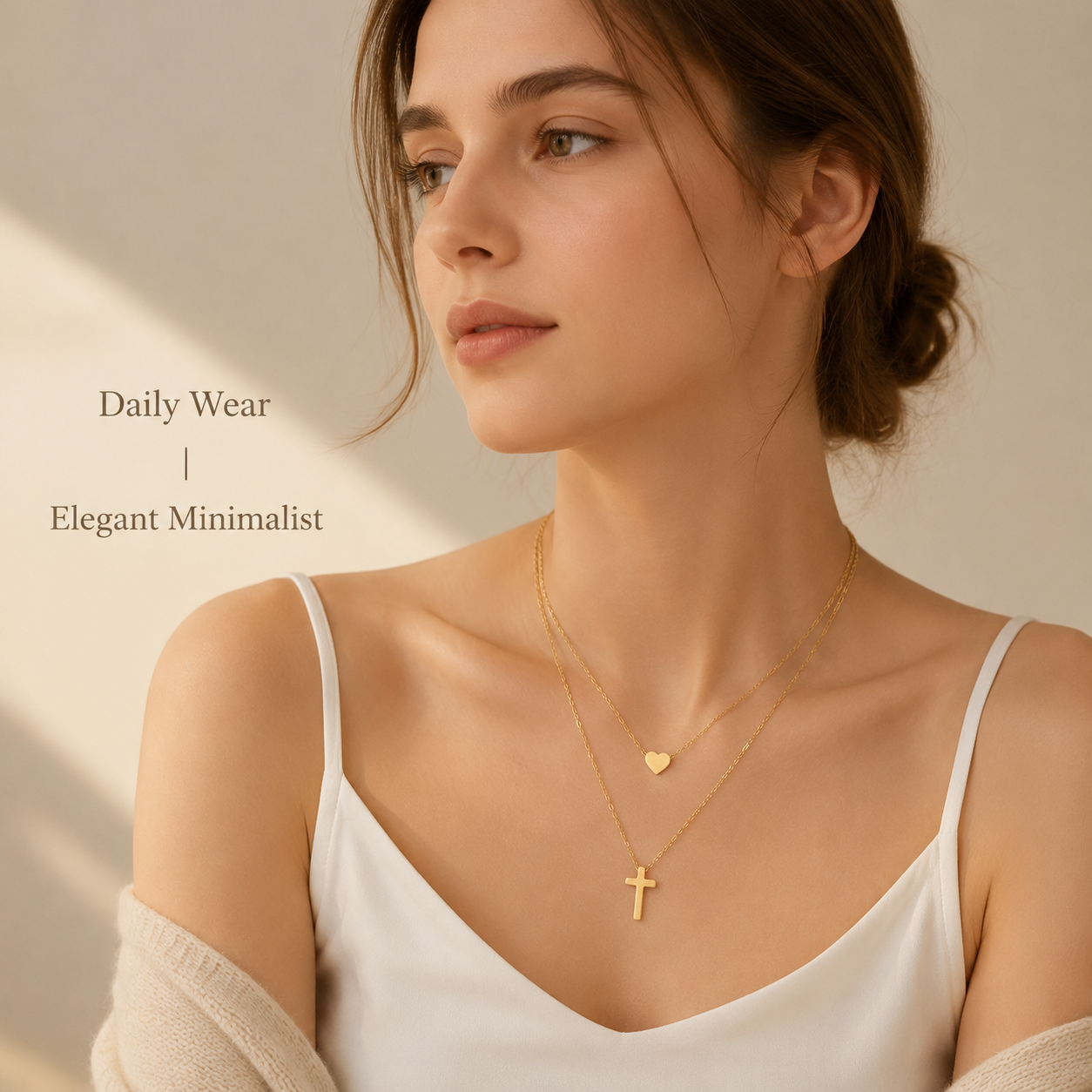 layered cross necklace for women stainless steel gold plated dainty open heart charm pendant double strand chain choker minimalist christian faith religious amulet trendy jewelry gift for her girlfriend