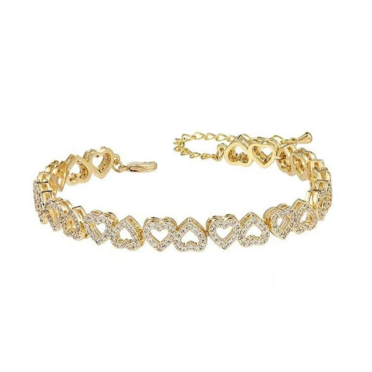 gold tone heart bracelet for women teen girls full pavé crystal rhinestone interlocking heart link charm bangle adjustable extension chain western fashion luxury romantic jewelry anniversary valentine gift