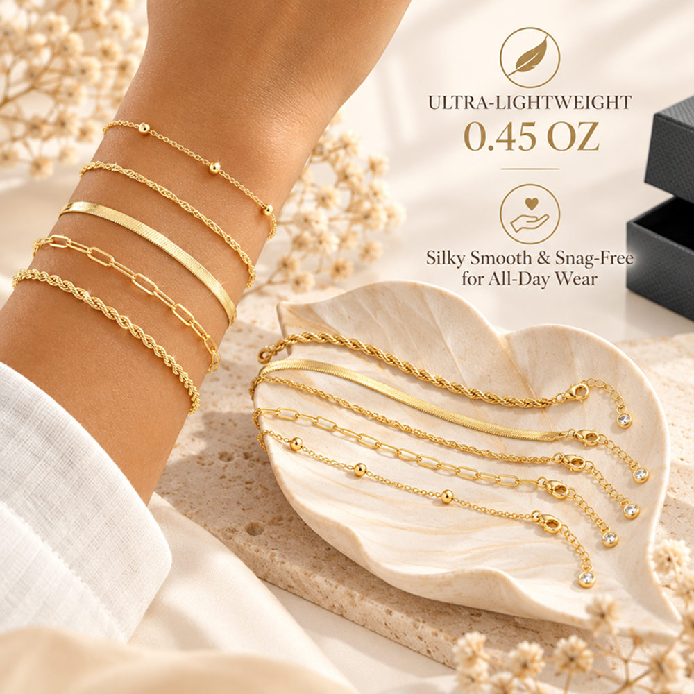 5-piece bracelet set for women, electroplated brass chain bracelets with herringbone, rope, twisted, paperclip and bead station designs, adjustable lobster clasps, 6.7 inch length with 1.5 inch extenders, layering jewelry for everyday wear and gift g
