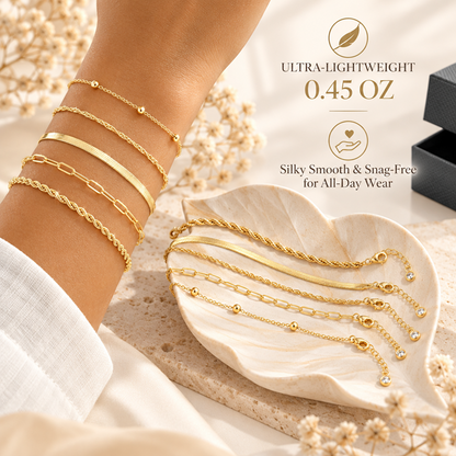 5-Piece Bracelet Set for Women, Electroplated Brass Chain Bracelets with Herringbone, Rope, Twisted, Paperclip and Bead Station Designs, Adjustable Lobster Clasps, 6.7 Inch Length with 1.5 Inch Extenders, Layering Jewelry for Everyday Wear and Gift G