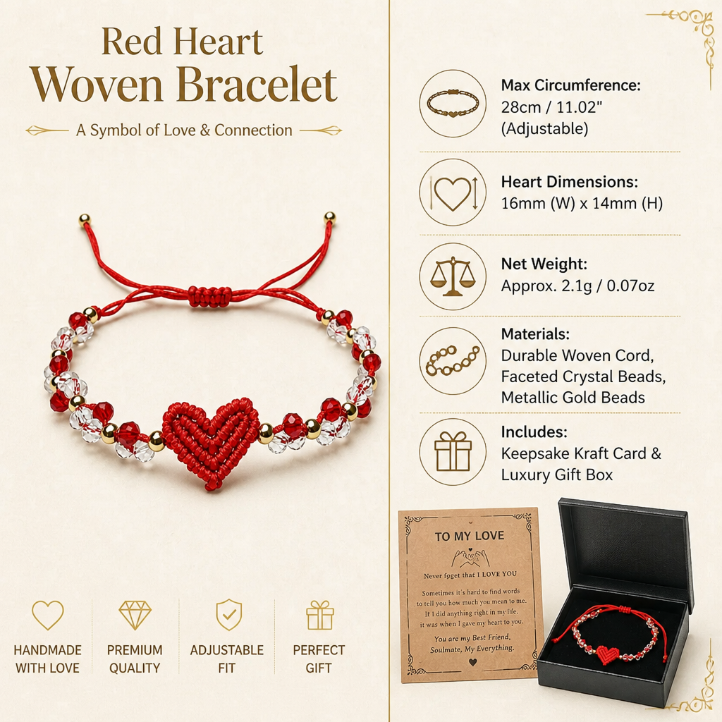 handwoven red heart macrame bracelet for women – adjustable bead gift