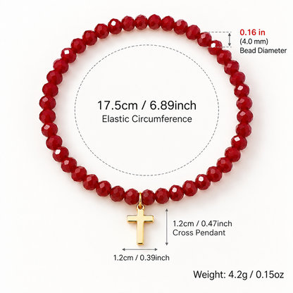 Red Faceted Bead Bracelet with Gold-Tone Cross Charm
