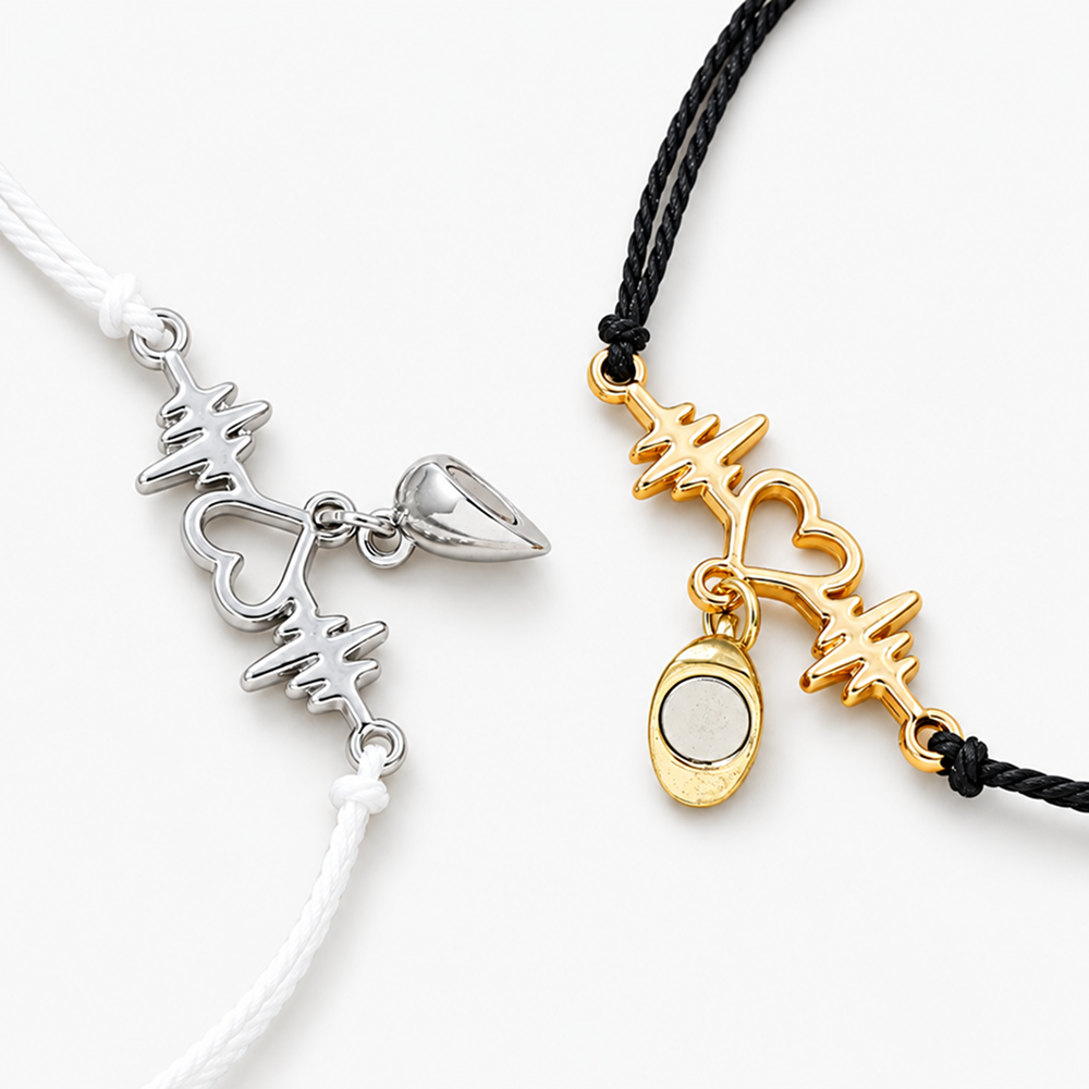 magnetic heartbeat cord bracelet set in black and white with sliding knots, 2 pieces