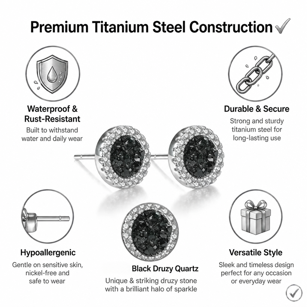men's black druzy stud earrings titanium steel non tarnish fake gauge bling crystal halo round earrings punk gothic hip hop ear studs streetwear jewelry accessories gift for men boyfriend silver color