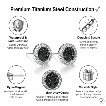 Men's Black Druzy Stud Earrings Titanium Steel Non Tarnish Fake Gauge Bling Crystal Halo Round Earrings Punk Gothic Hip Hop Ear Studs Streetwear Jewelry Accessories Gift for Men Boyfriend Silver Color