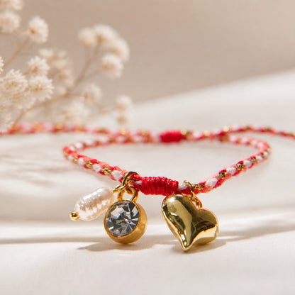 Handmade Red String Bracelet for Women Teen Girls Gold Heart Pendant Freshwater Pearl Cubic Zircon Charm Braided Cord Friendship Bracelet Summer Beach Vacation Adjustable Wristband Pack