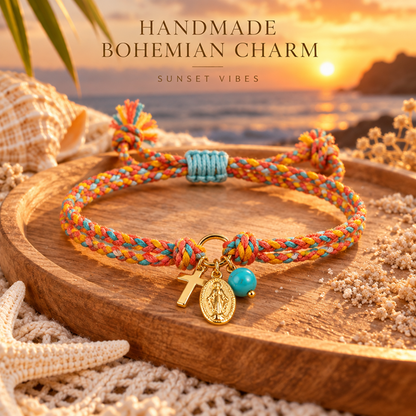 Adjustable Multicolor Braided Bracelet with Copper Cross, Mary Medal and Blue Bead