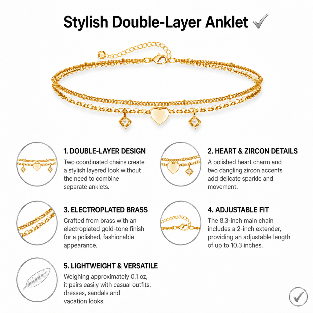 gold-tone double-layer heart anklet for women, electroplated brass adjustable zircon charm ankle bracelet, dainty summer foot jewelry