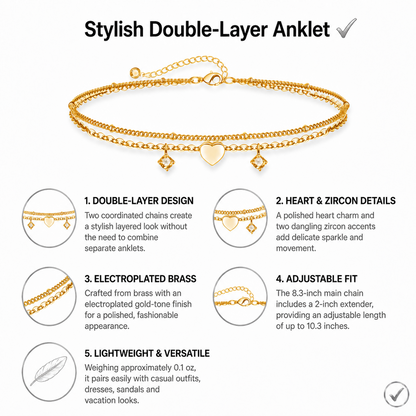 Gold-Tone Double-Layer Heart Anklet for Women, Electroplated Brass Adjustable Zircon Charm Ankle Bracelet, Dainty Summer Foot Jewelry