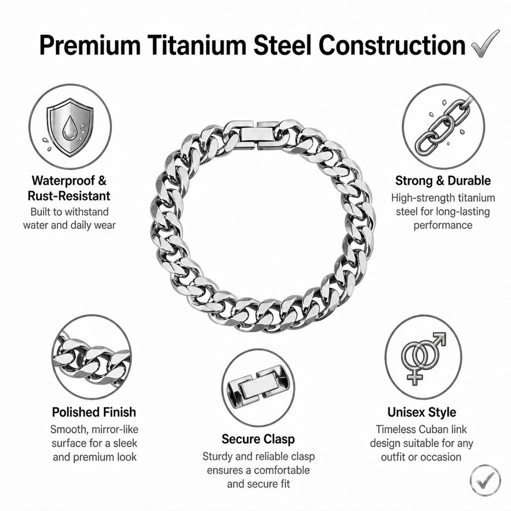 waterproof tarnish free titanium steel cuban chain bracelet heavy duty sleek fold over watch band clasp durable comfort fit industrial jewelry gift for him her