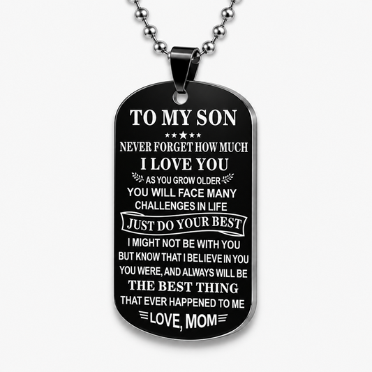 To My Son Stainless Steel Dog Tag Necklace with 23.62-Inch Ball Chain, Gift from Mom