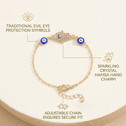 Protective Evil Eye Hamsa Bracelet - Gold-Plated Spiritual Talisman Wristband with Sparkling Diamonds & Heart Accents - Meaningful Mindfulness Blessing Gift for Her