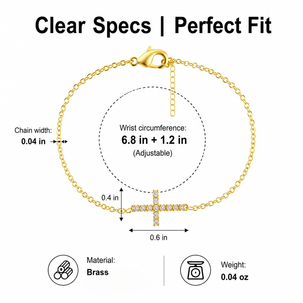 gold-tone cross brass bracelet for women dainty sideways cross chain bracelet sparkly cubic zirconia faith charm jewelry gift adjustable lobster clasp
