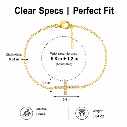 Gold-tone Cross Brass Bracelet for Women Dainty Sideways Cross Chain Bracelet Sparkly Cubic Zirconia Faith Charm Jewelry Gift Adjustable Lobster Clasp