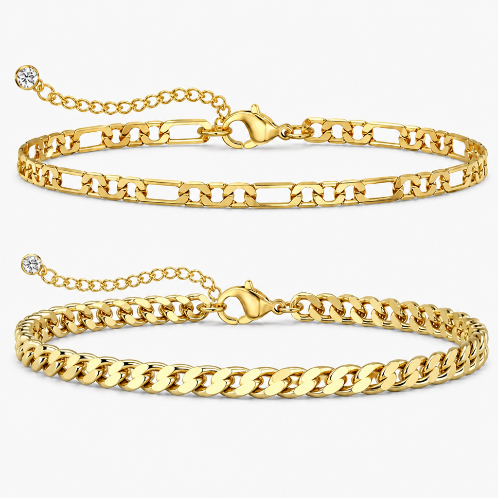 2-piece gold-tone cuban and figaro anklet set for women, electroplated stainless steel adjustable chain ankle bracelets