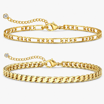 2-Piece Gold-Tone Cuban and Figaro Anklet Set for Women, Electroplated Stainless Steel Adjustable Chain Ankle Bracelets