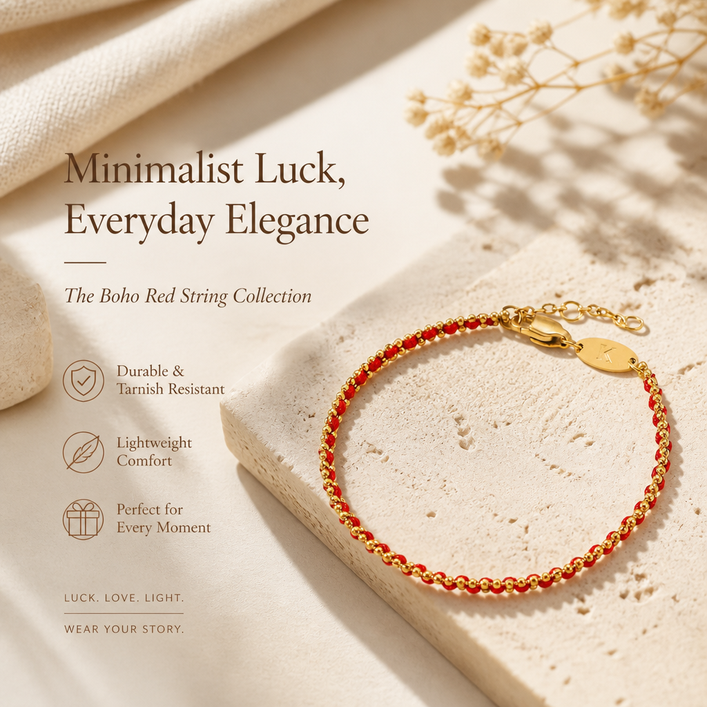 boho red string bracelet - lucky gold bead rope gift for women, handcrafted minimalist design, adjustable lobster clasp, perfect for daily wear & special occasions