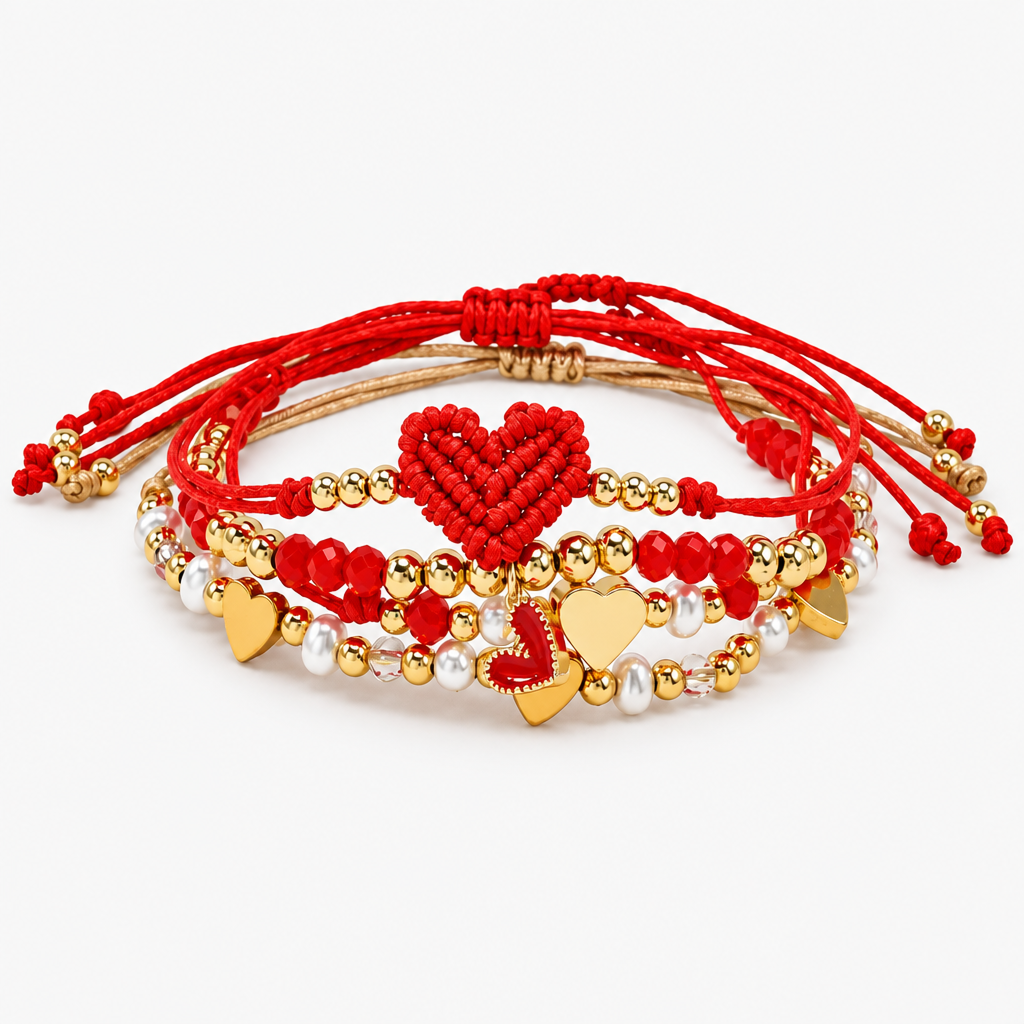 boho chic 4-piece red string & gold-tone heart bracelet stack | lightweight adjustable braided cord beaded charm bracelets set perfect for daily wear & gifting