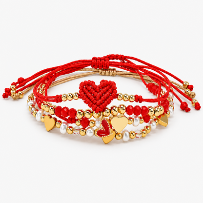 Boho Chic 4-Piece Red String & Gold-Tone Heart Bracelet Stack | Lightweight Adjustable Braided Cord Beaded Charm Bracelets Set Perfect for Daily Wear & Gifting