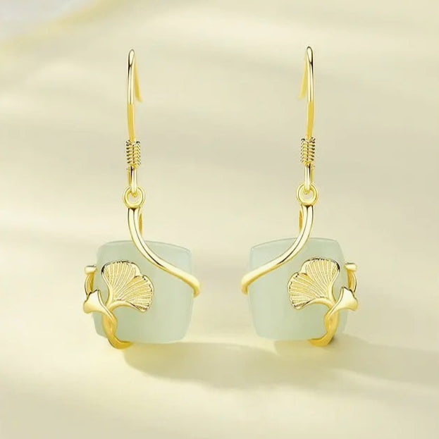 gingko leaf stud 925 silver hetian jade cube sugar earring