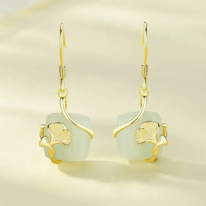 Gingko Leaf Stud 925 Silver Hetian Jade Cube Sugar Earring