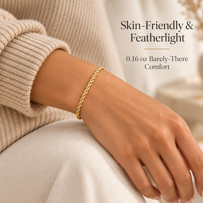 Twisted Rope Chain Bracelet for Women, Gold-Tone Electroplated Brass, 6.5 Inch Chain with 1.5 Inch Extender and Lobster Clasp, Slim 0.1 Inch Width, Minimalist Wrist Jewelry for Everyday Outfits, Layering, Workwear, Birthdays and Anniversary Gift Givi