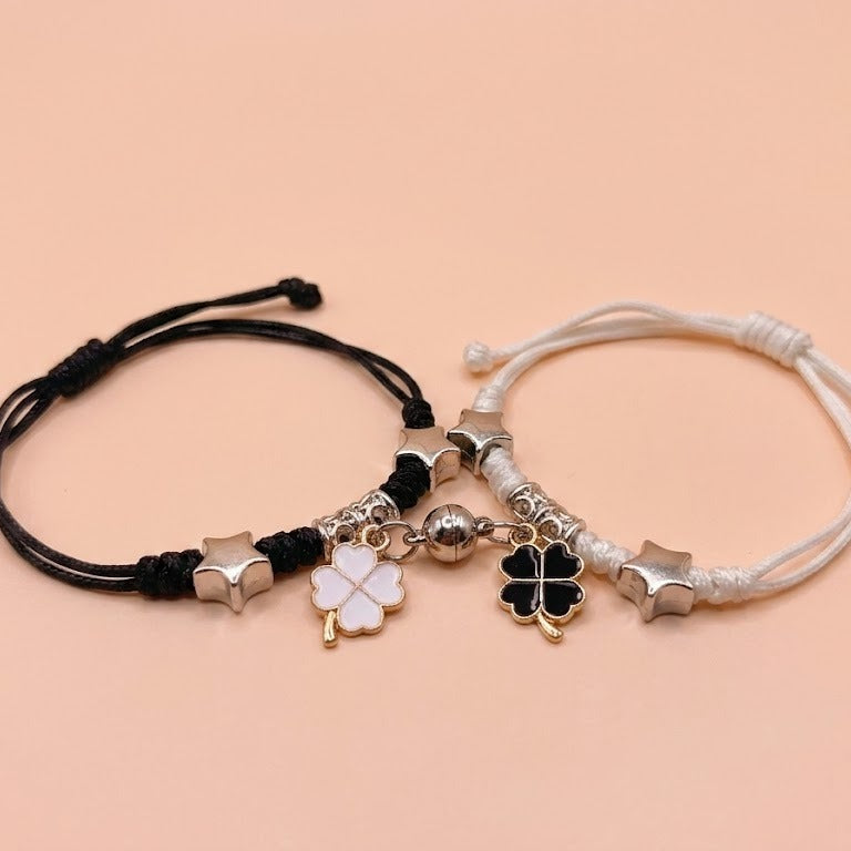 magnetic couples bracelets matching four leaf clover friendship bracelets mutual attraction braided rope cord bracelet set for boyfriend girlfriend long distance relationship jewelry gift black white 2pcs