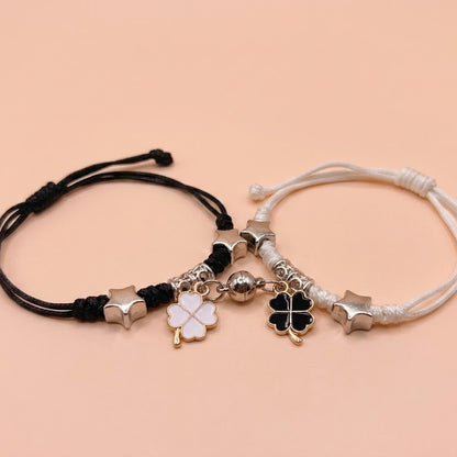 Magnetic Couples Bracelets Matching Four Leaf Clover Friendship Bracelets Mutual Attraction Braided Rope Cord Bracelet Set for Boyfriend Girlfriend Long Distance Relationship Jewelry Gift Black White 2Pcs