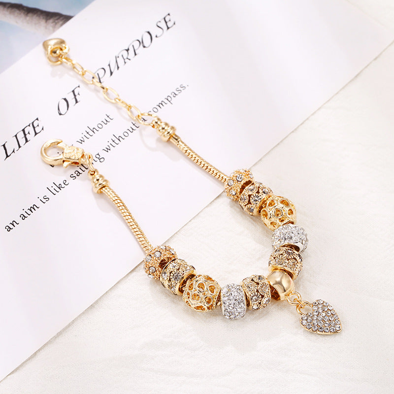 gold charm bracelet for women teen girls sweet love heart pendant bangle layering large hole beaded chain bracelet valentine's day birthday romantic jewelry gift for her