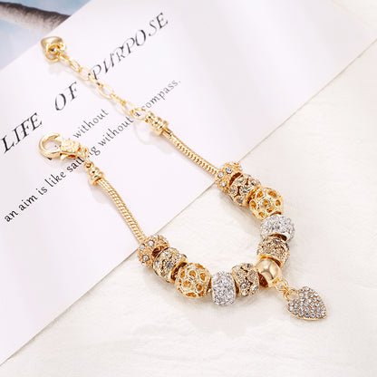 Gold Charm Bracelet for Women Teen Girls Sweet Love Heart Pendant Bangle Layering Large Hole Beaded Chain Bracelet Valentine's Day Birthday Romantic Jewelry Gift for Her