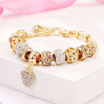 Gold Charm Bracelet for Women Teen Girls Sweet Love Heart Pendant Bangle Layering Large Hole Beaded Chain Bracelet Valentine's Day Birthday Romantic Jewelry Gift for Her