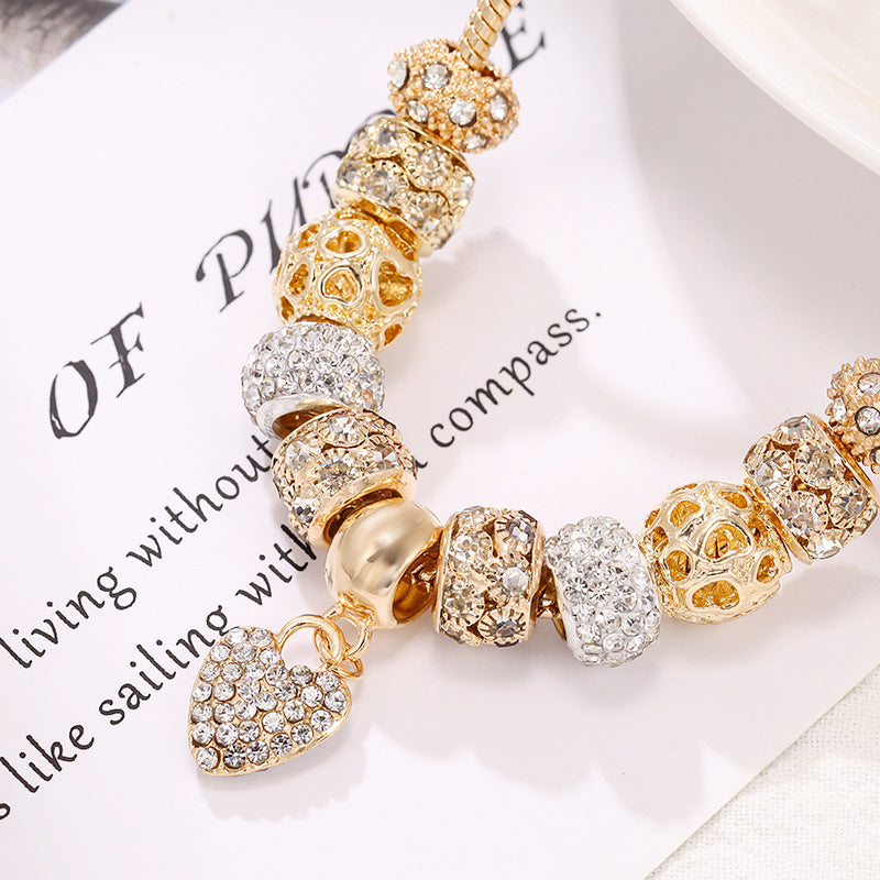 gold charm bracelet for women teen girls sweet love heart pendant bangle layering large hole beaded chain bracelet valentine's day birthday romantic jewelry gift for her