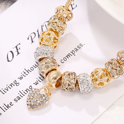 Gold Charm Bracelet for Women Teen Girls Sweet Love Heart Pendant Bangle Layering Large Hole Beaded Chain Bracelet Valentine's Day Birthday Romantic Jewelry Gift for Her