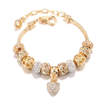 Gold Charm Bracelet for Women Teen Girls Sweet Love Heart Pendant Bangle Layering Large Hole Beaded Chain Bracelet Valentine's Day Birthday Romantic Jewelry Gift for Her