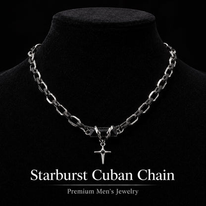 Men's Starburst Pendant Necklace Titanium Steel Cuban Link Chain Layered Hip Hop Choker Black Gem Cross Accent Streetwear Jewelry Gift for Men Male Accessories