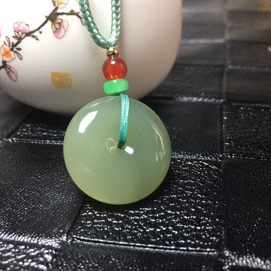 Natural Hetian Jade Ping An Kou Pendant Necklace | Jade Necklace with Green Beads | Feng Shui Symbol of Peace and Safety