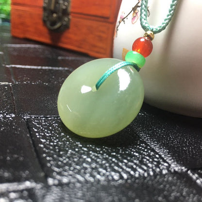 Natural Hetian Jade Ping An Kou Pendant Necklace | Jade Necklace with Green Beads | Feng Shui Symbol of Peace and Safety